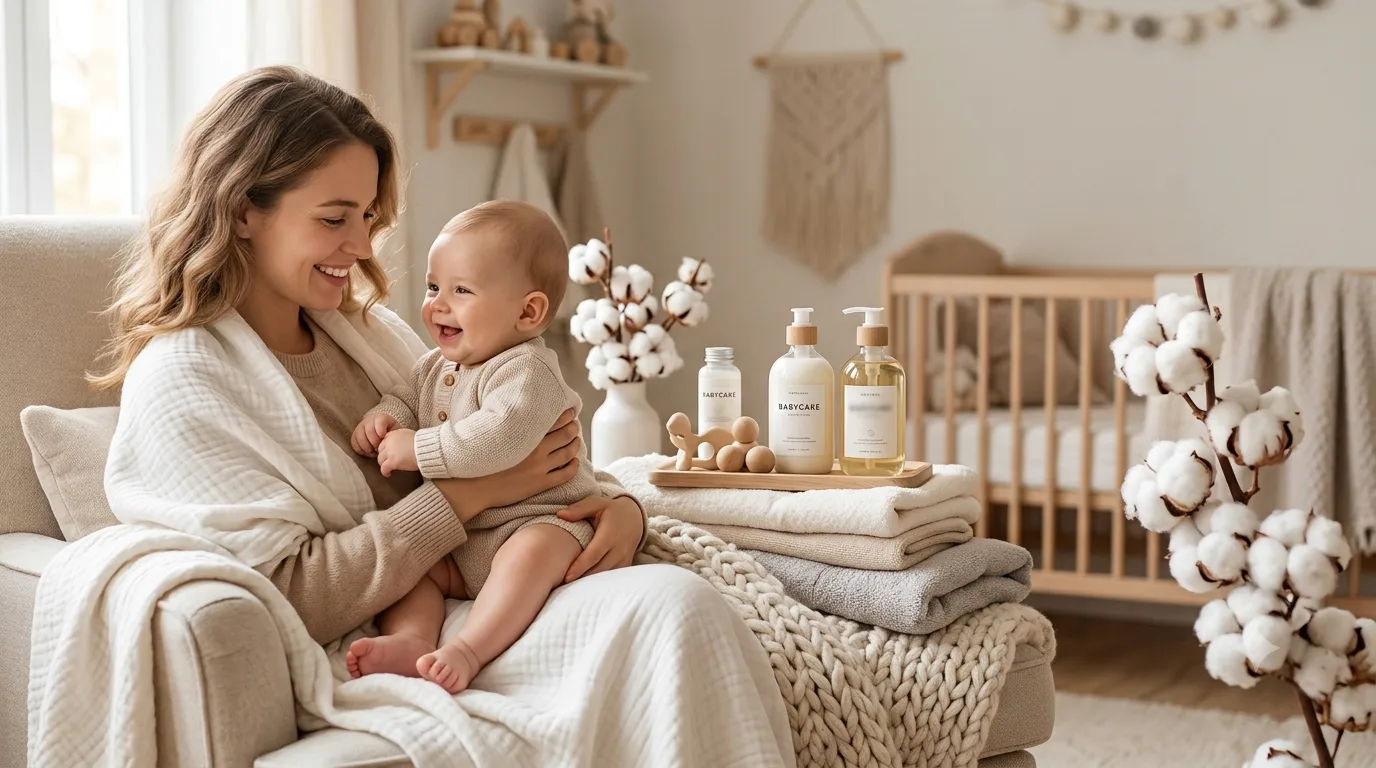 Mamá con su bebé y productos de algodón Coppon para cuidado premium